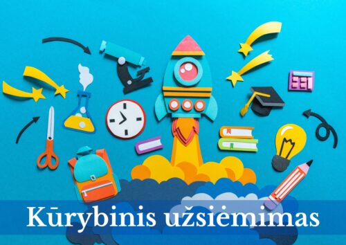 Popierinės dekoracijos mėlyname fone. Žirklės, kuprinė, kolba, laikrodis, knygos, mikroskopas, raketa, studento kepurė, skaičiuotuvas, krentančios žvaigždės, lemputė, idėja, rodyklė, pieštukas.
