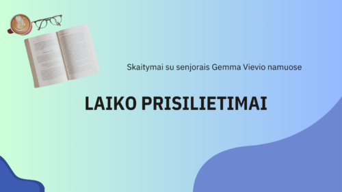 Mėlynas plakatas. Kava, akiniai, knyga. Skaitymai su senjorais Gemma Vievio namuose "Laiko prisilietimai"