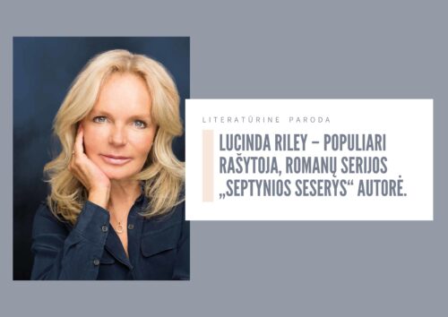 Literatūrinės parodos afiša „Lucinda Riley - populiari rašytoja, romanų serijos „septynios seserys“ autorė.“ Autorės nuotrauka: šviesiaplaukė, žaliaakė moteris, pasirėmusi į delną smakru, pozuoja nuotraukai.